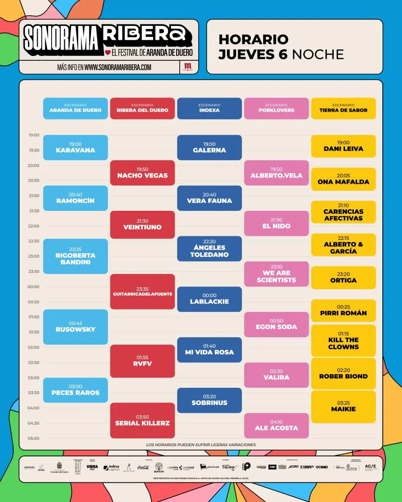 Horarios del jueves 6 de agosto en Sonorama Ribera 2026