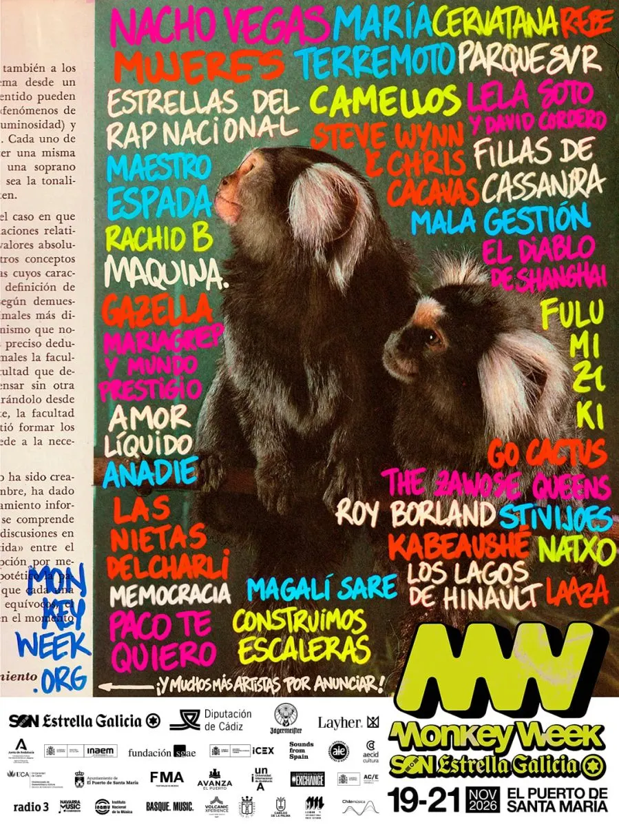Cartel con los primeros 34 artistas de Monkey Week 2026