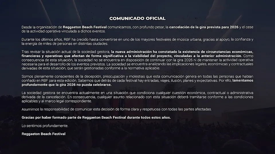 Comunicado oficial de Reggaeton Beach Festival 2026