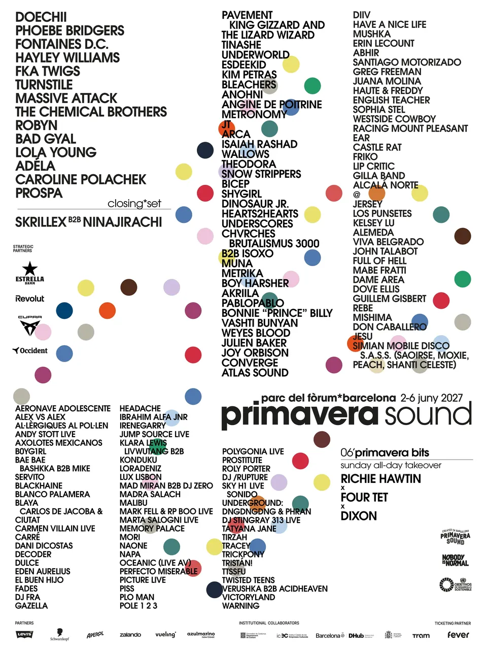 Official Primavera Sound Barcelona 2027 poster with the confirmed artists and dates from 2 to 6 June