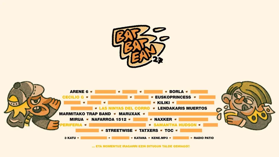Logotipo de Bat Batean 2027 sobre el cartel oficial de su primer anuncio, con Lendakaris Muertos, Cecilio G, Samantha Hudson y otros grupos entre dos personajes ilustrados y barras naranjas que tapan los nombres pendientes