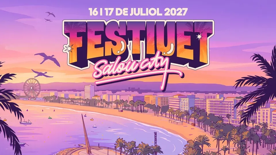Cartel ilustrado de Festiuet 2027 con el logo del festival, el lema Salou city y la fecha 16 i 17 de juliol 2027 sobre una vista del paseo marítimo de Salou al atardecer
