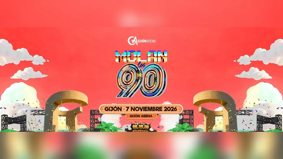 Banner oficial de Molan los 90 Gijón para el 7 de noviembre de 2026 en el Gijón Arena: el logotipo de colores del 90 sobre fondo rojo, entre dos esculturas de hormigón, nubes, confeti y estructuras de escenario
