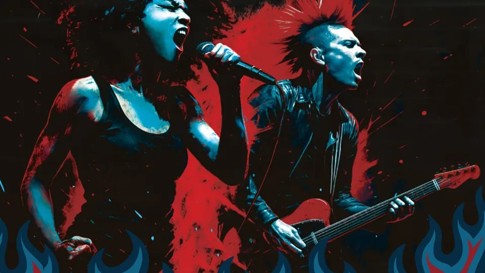 Ilustración del cartel oficial del Rock D'Akí 2026: una cantante gritando al micrófono y un guitarrista con cresta roja, sobre fondo negro con salpicaduras rojas y llamas azules