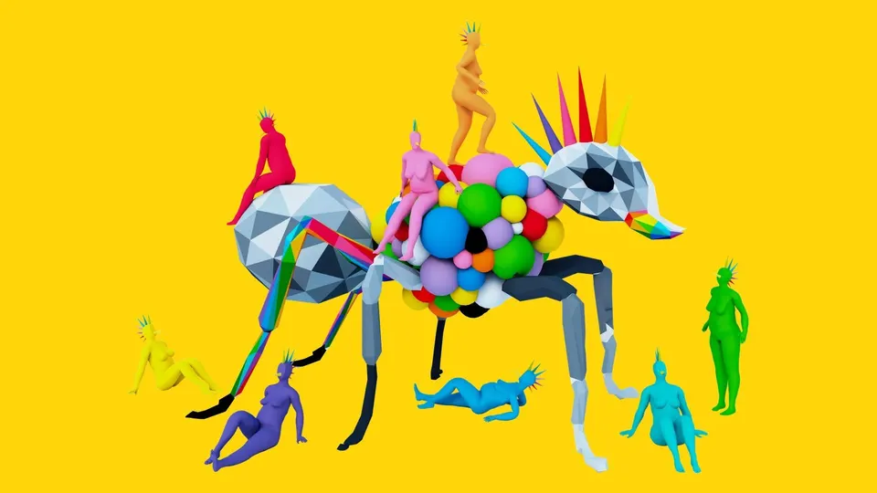 Ilustración de Okuda San Miguel para SanSan Festival 2027: una hormiga gigante de formas geométricas, con el cuerpo lleno de esferas de colores y figuras humanas de distintos colores sentadas y tumbadas a su alrededor, sobre fondo amarillo