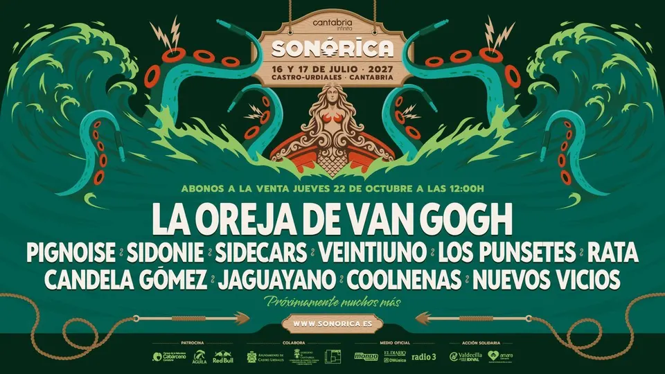 Cartel del primer avance de Sonórica 2027, con un mascarón de proa entre olas y tentáculos, las fechas 16 y 17 de julio en Castro-Urdiales y los nombres de La Oreja de Van Gogh, Pignoise, Sidonie y Sidecars