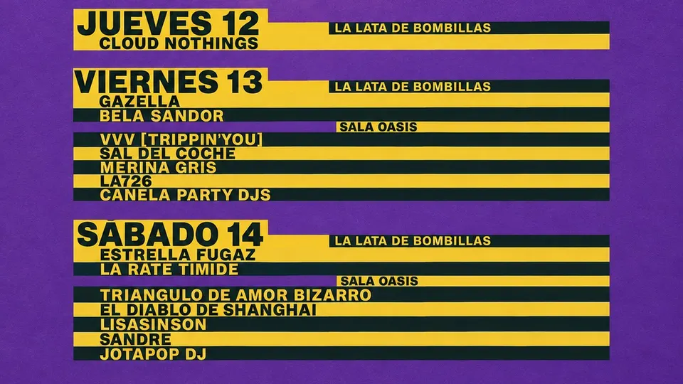 Cartel oficial por días de Zaragoza Feliz Feliz 2026, en franjas amarillas y negras sobre fondo morado, con Cloud Nothings el jueves 12, VVV [Trippin'you] y Merina Gris el viernes 13 y Triángulo de Amor Bizarro el sábado 14