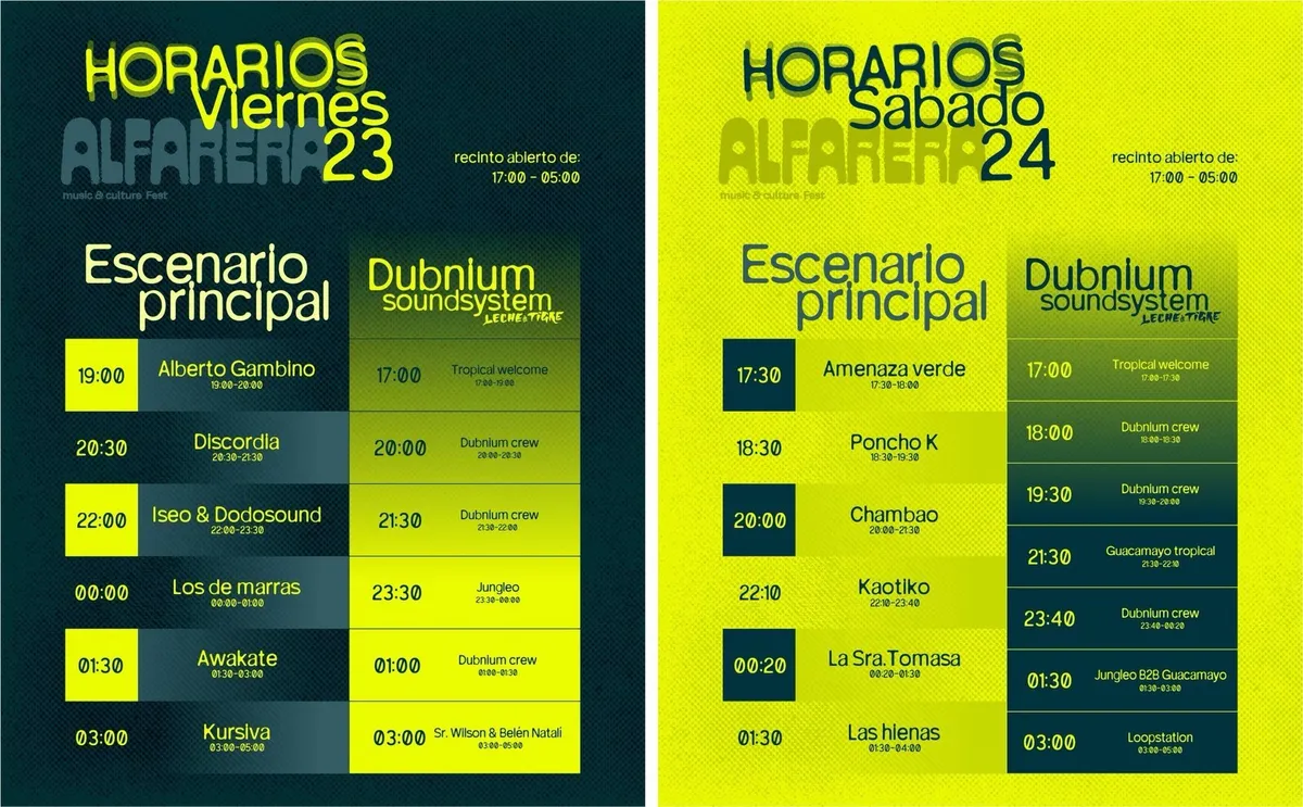 Alfarera Fest 2026 stage time posters for Friday 23 and Saturday 24 October, with the main stage and the Dubnium Soundsystem stage in two columns and the site open from 17:00 to 05:00