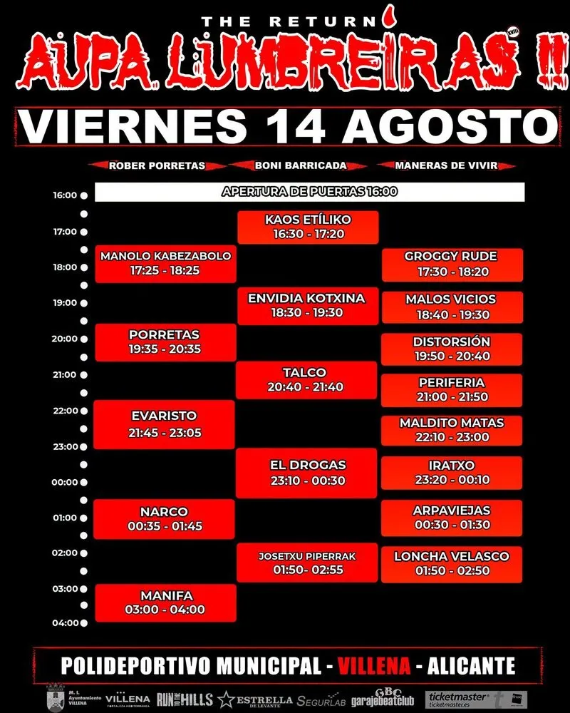 Cartel oficial de horarios del viernes 14 de agosto de 2026 en el Aúpa Lumbreiras The Return, en el Polideportivo Municipal de Villena, con Envidia Kotxina a las 18:30, Periferia a las 21:00 y Manifa a las 03:00 entre otros grupos de sus tres escenarios