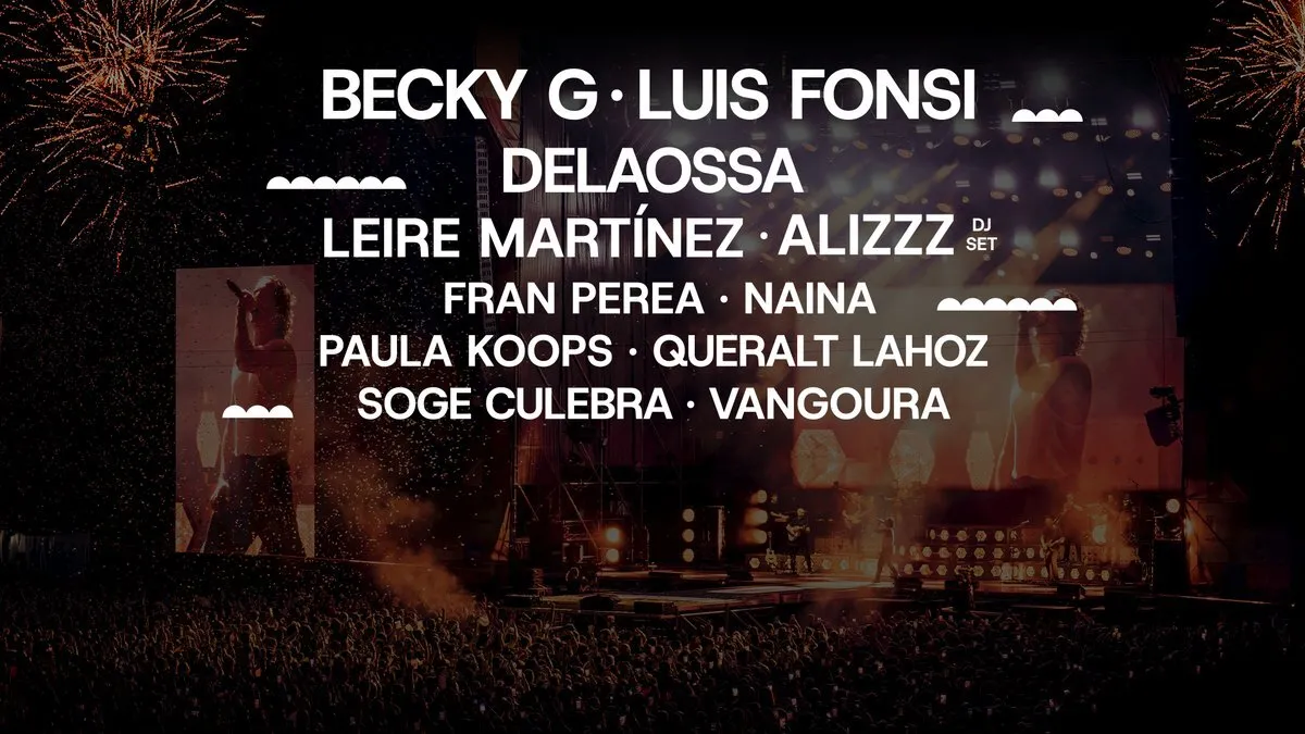 Cartel de BIGSOUND Valencia 2027 con los nombres de Becky G, Luis Fonsi, Delaossa, Leire Martínez, Alizzz DJ set, Fran Perea, Naina, Paula Koops, Queralt Lahoz, Soge Culebra y Vangoura sobre una foto de un escenario con fuegos artificiales