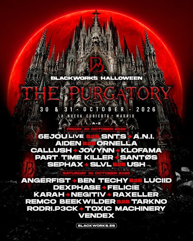 Cartel de Blackworks Halloween The Purgatory 2026 con una catedral gótica ante una luna roja y los artistas del viernes 30 y del sábado 31 de octubre en La Nueva Cubierta