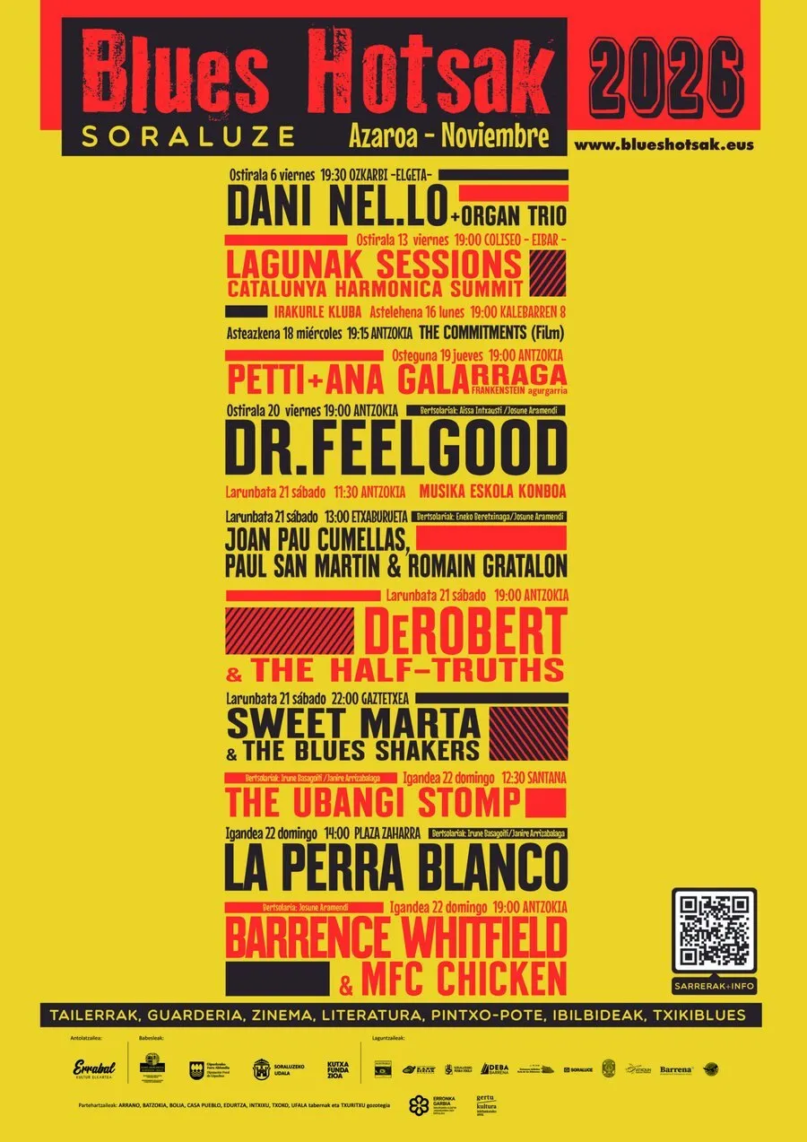 Cartel oficial del Blues Hotsak 2026 en Soraluze, en amarillo, rojo y negro, con todas las citas del 6 al 22 de noviembre por días, horas y lugares, de Dani Nel·lo en Elgeta a Barrence Whitfield & MFC Chicken en el teatro