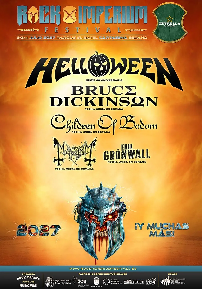 Cartel de Rock Imperium Festival 2027, del 2 al 4 de julio en el Parque El Batel de Cartagena: Helloween arriba con su show del 40 aniversario y, debajo, Bruce Dickinson, Children Of Bodom, Mayhem y Erik Grönwall, con la leyenda «¡y muchas más!»