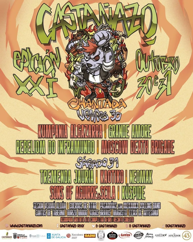 Cartel oficial del Castañazo 2026, edición XXI, con un lobo ilustrado y el reparto por días: el viernes 30, Kumpania Algazarra, Grande Amore, Rebeliom do Inframundo y Moscow Death Brigade; el sábado 31, Tremenda Jauría, Kaotiko, Neomak, Sons of Aguirre & Scila y Kúspide