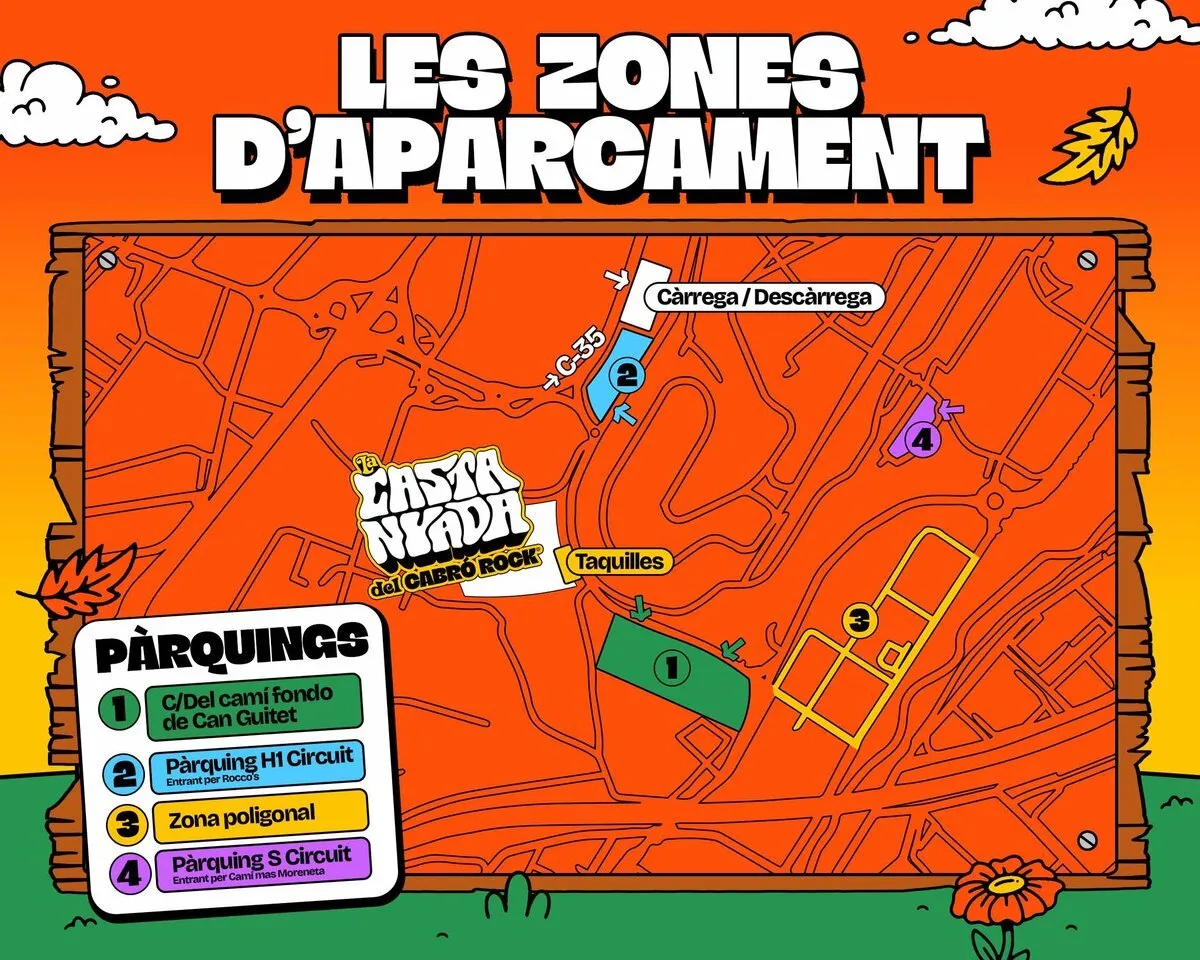 Mapa de las zonas de aparcamiento de La Castanyada del Cabró Rock en Montmeló: el recinto en el centro y, alrededor, los aparcamientos del Camí Fondo de Can Guitet, del Circuit y del polígono
