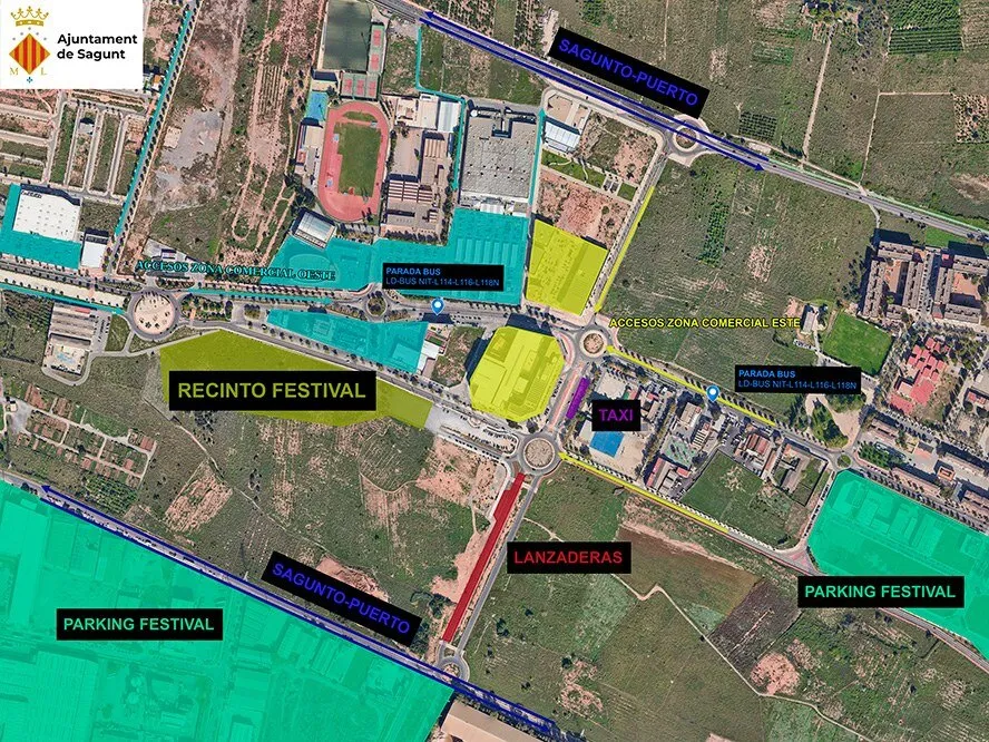 Plano aéreo del entorno del recinto Internúcleos de Sagunt con el recinto del festival, dos zonas de aparcamiento, la parada de lanzaderas, la de taxis, las paradas de autobús y los accesos a las zonas comerciales