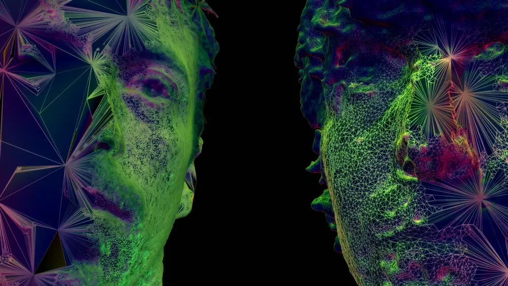 Dos rostros de perfil enfrentados, reconstruidos como mallas digitales en verde, violeta y rosa sobre fondo negro, de CRISPR, the pattern of life de BROMO