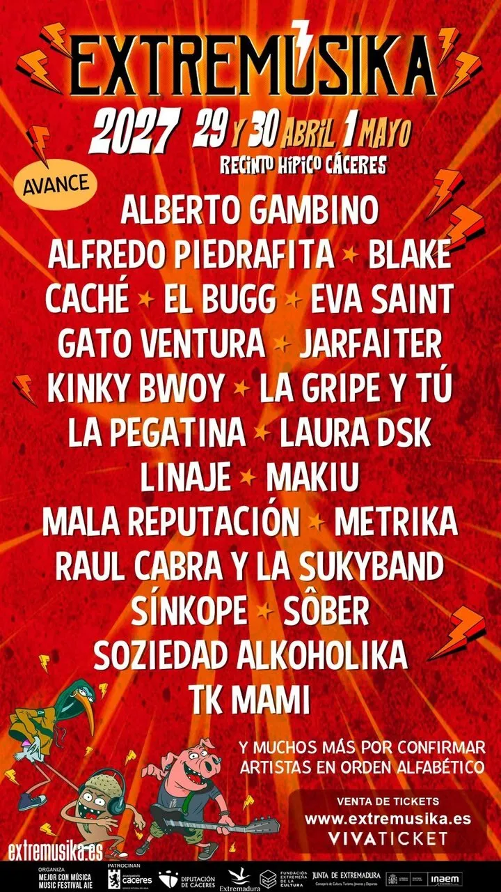 Cartel vertical del avance de Extremúsika 2027 sobre fondo rojo con rayos, con las fechas 29 y 30 de abril y 1 de mayo en el Recinto Hípico de Cáceres y los 21 primeros artistas en orden alfabético