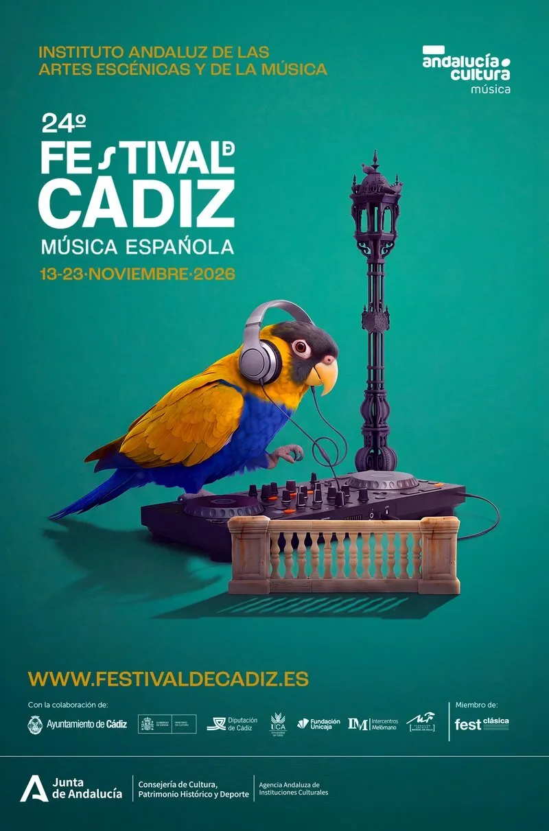 Cartel del 24.º Festival de Cádiz - Música Española, del 13 al 23 de noviembre de 2026: un loro azul y amarillo con auriculares pincha en una mesa de mezclas junto a una farola y una balaustrada gaditanas sobre fondo verde