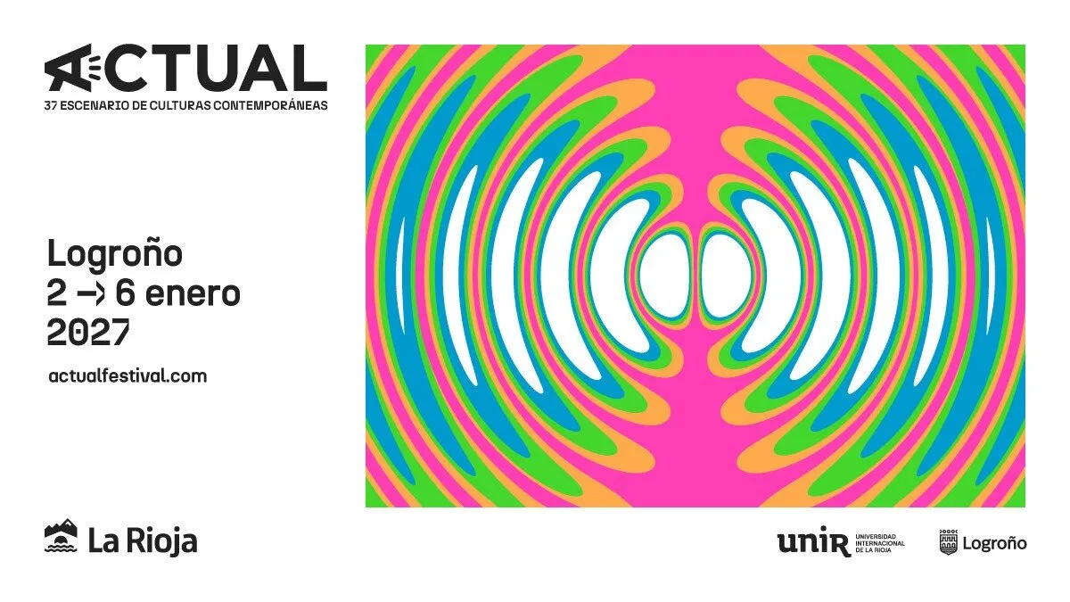 Cartel gráfico de Actual 2027: el logotipo del festival y el texto «Logroño, 2 → 6 enero 2027» a la izquierda, junto a un dibujo de ondas concéntricas en rosa, azul, verde y naranja