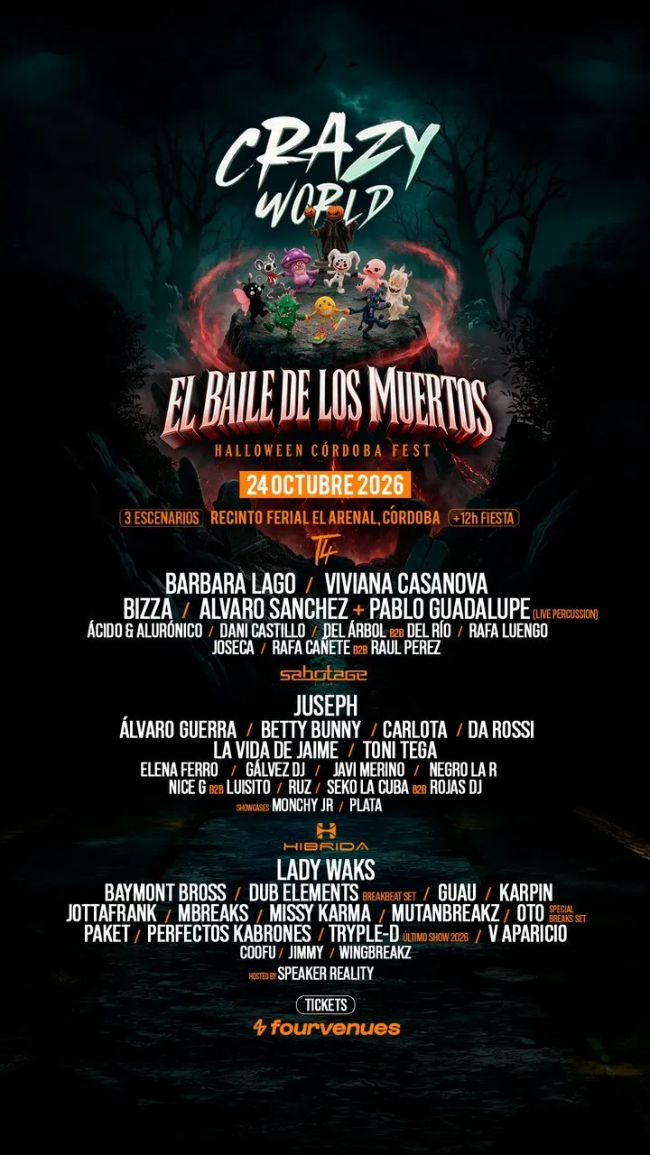 Cartel vertical de Crazy World: El Baile de los Muertos con el reparto de artistas por escenarios: T4, con Bárbara Lago y Viviana Casanova; Sabotage, con Juseph, e Híbrida, con Lady Waks