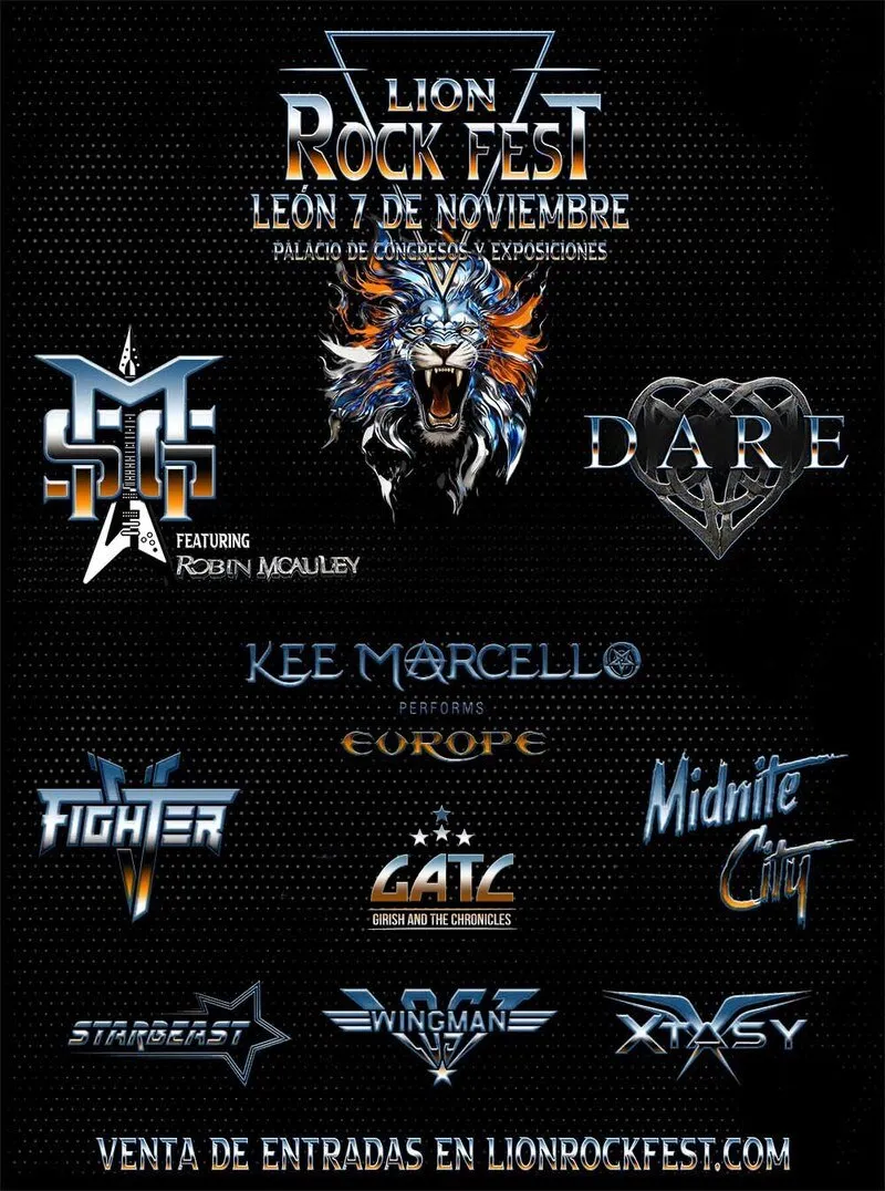 Official Lion Rock Fest 2026 poster: a lion with a blue and orange mane on a black background, León 7 November, Palacio de Congresos, and the logos of Michael Schenker Group, Dare, Kee Marcello and the rest of the line-up