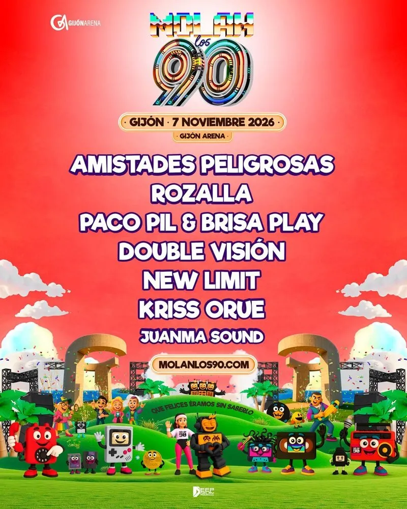 Cartel oficial de Molan los 90 Gijón del 7 de noviembre de 2026 en el Gijón Arena, con Amistades Peligrosas, Rozalla, Paco Pil y Brisa Play, Double Visión, New Limit, Kriss Orue y Juanma Sound sobre fondo rojo y personajes animados