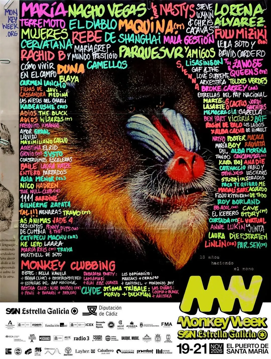 Full line-up poster for Monkey Week SON Estrella Galicia 2026 with a mandrill's face in the centre surrounded by artist names handwritten in fluorescent colours, the Monkey Clubbing block at the bottom and the dates 19 to 21 November 2026 in El Puerto de Santa María