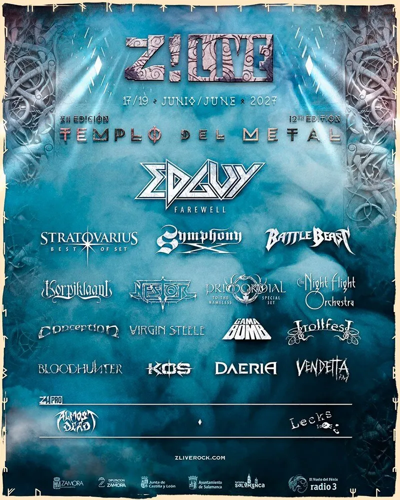 Z! Live 2027 poster, Templo del Metal, 17 to 19 June: Edguy in large letters with the word Farewell, below them Stratovarius, Symphony X and Battle Beast, the rest of the bands in rows and, at the bottom, Almost Dead and Lecks Inc. in the Z! Pro strip
