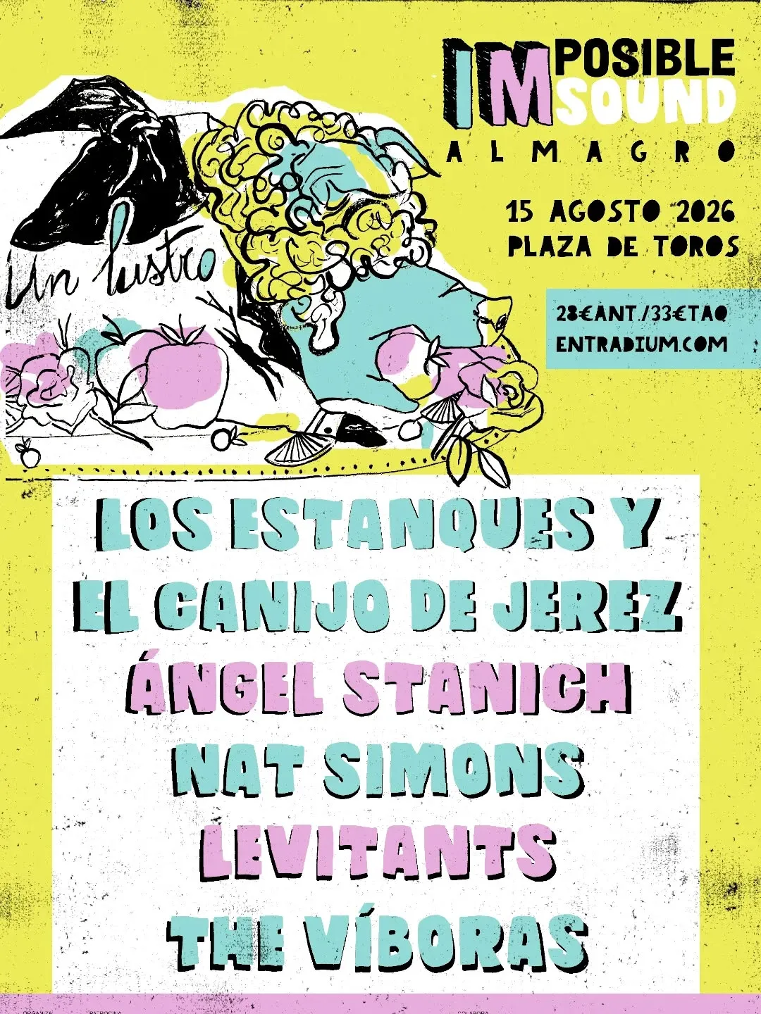 Official poster for Imposible Sound Almagro 2026 featuring Los Estanques y El Canijo de Jerez, Ángel Stanich, Nat Simons, Levitants and The Víboras