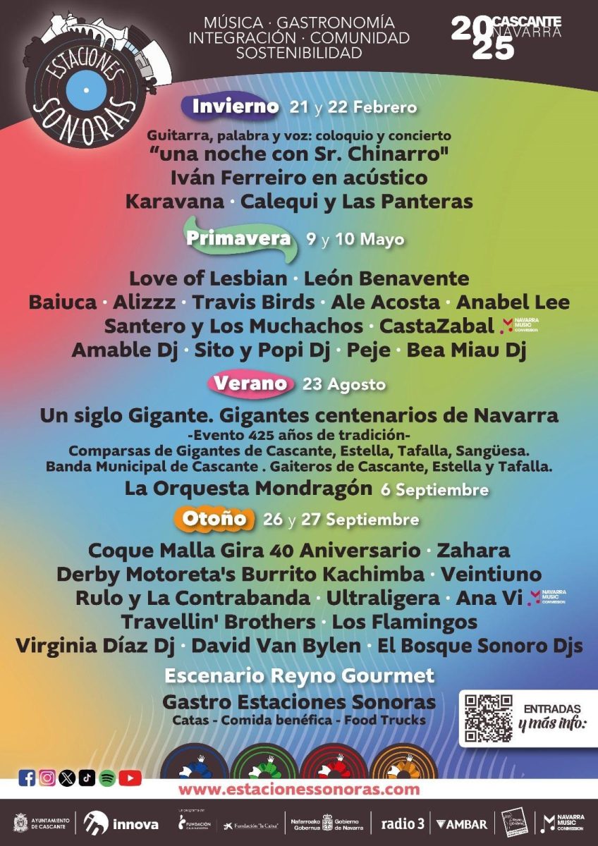 Cartel del festival Estaciones Sonoras 2025 con fechas, artistas y actividades en Cascante, Navarra.