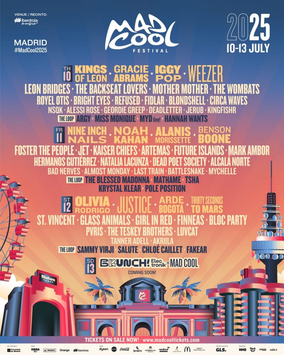 Cartel del Mad Cool Festival 2025 en Madrid, del 10 al 13 de julio, con artistas destacados como Kings of Leon, Iggy Pop, Weezer, Nine Inch Nails, Alanis Morissette, Olivia Rodrigo, Justice y más