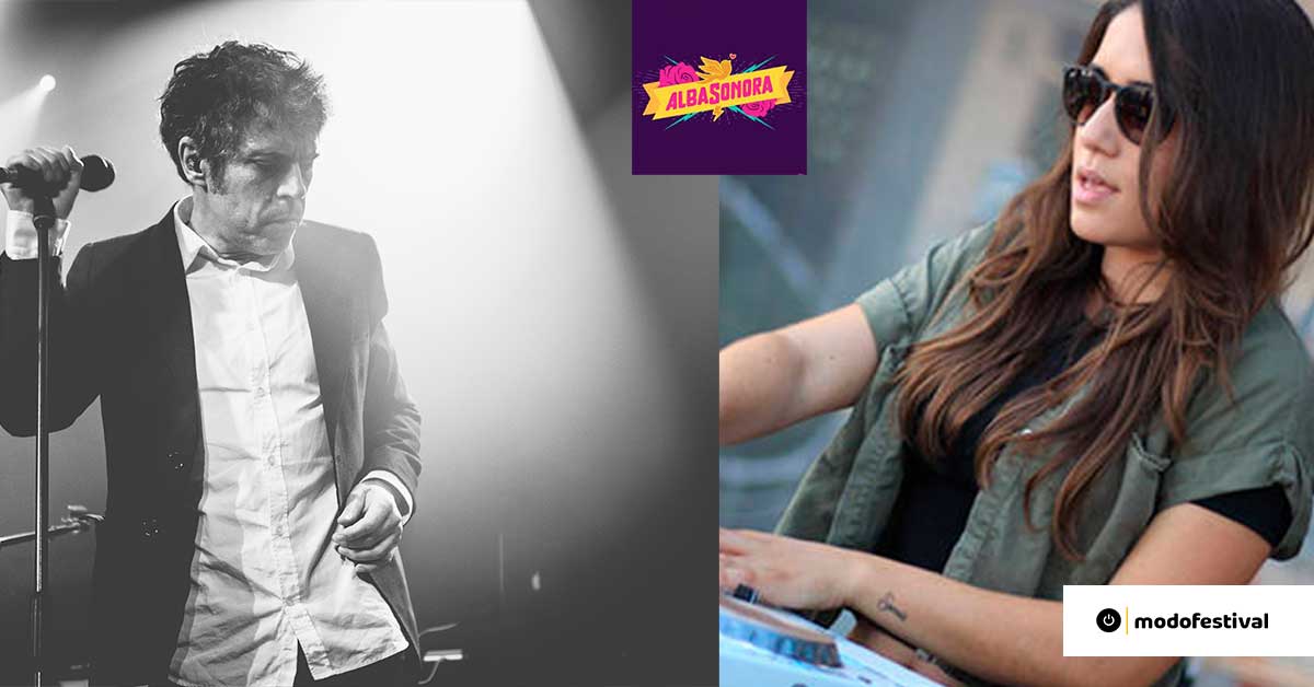 Iván Ferreiro cantando en el escenario y Miss Deep’in en una sesión de DJ, artistas confirmados para el festival Albasonora 2025.