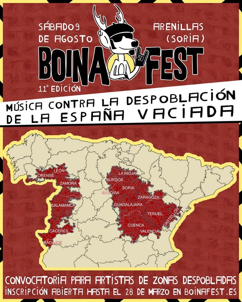 Cartel del Boina Fest 2025 con mapa de la España vaciada y convocatoria para artistas de zonas despobladas.