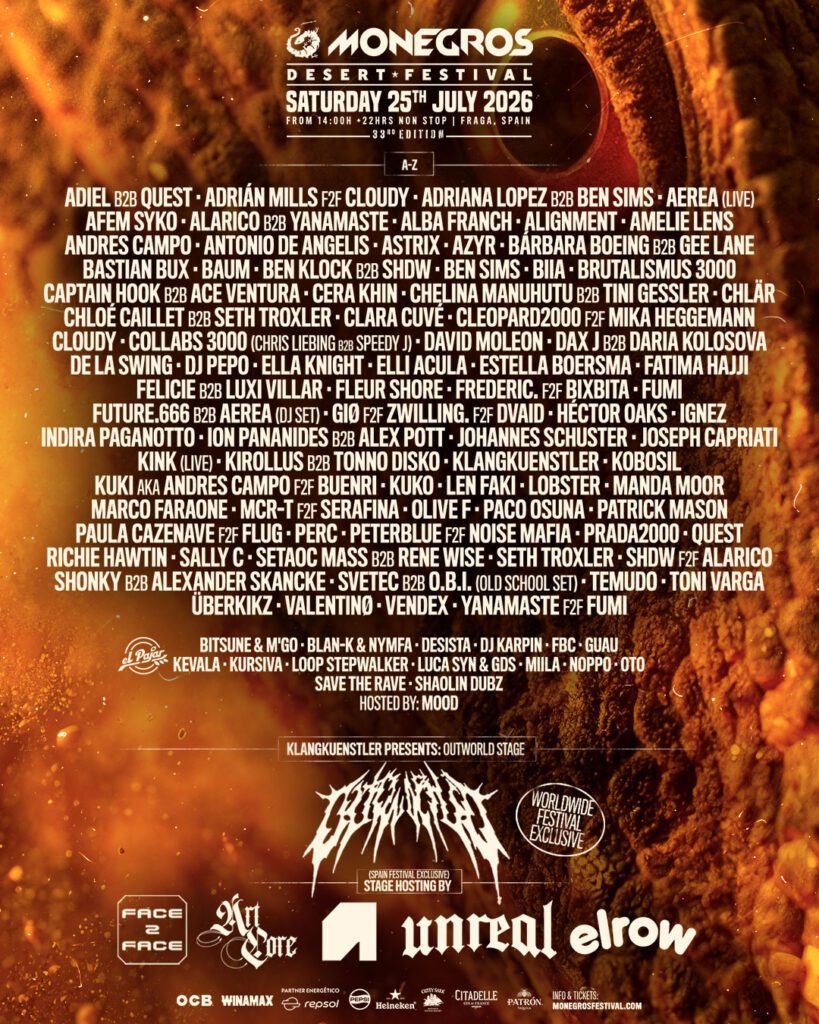 Cartel completo de Monegros Desert Festival 2026 con más de 120 artistas