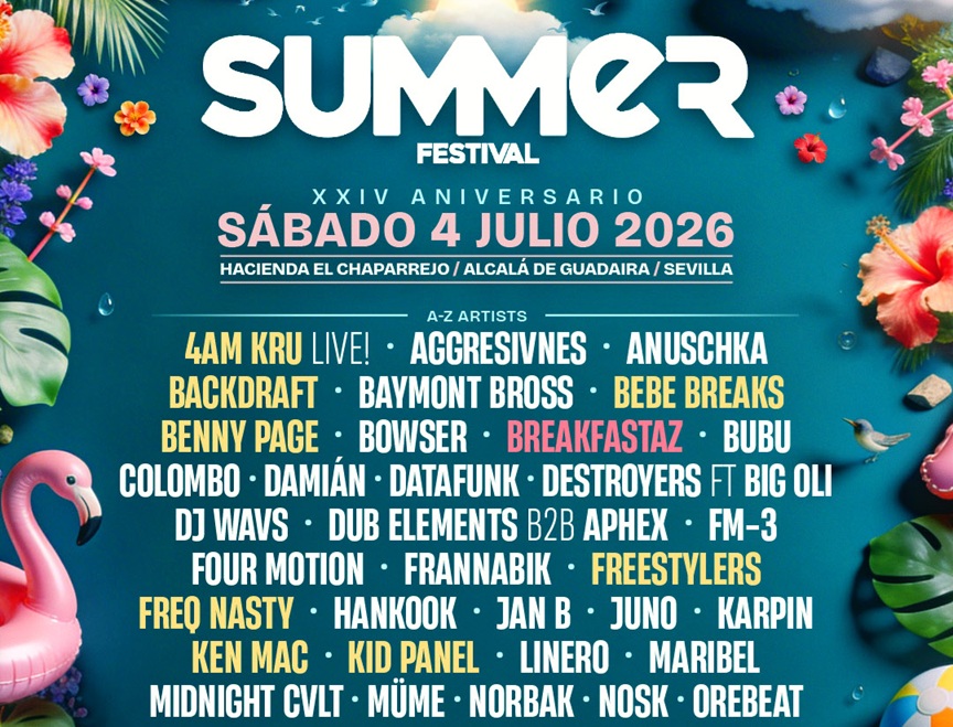 Cartel de Summer Festival by Raveart Sevilla 2026 con Freestylers, Plump DJs y Freq Nasty.