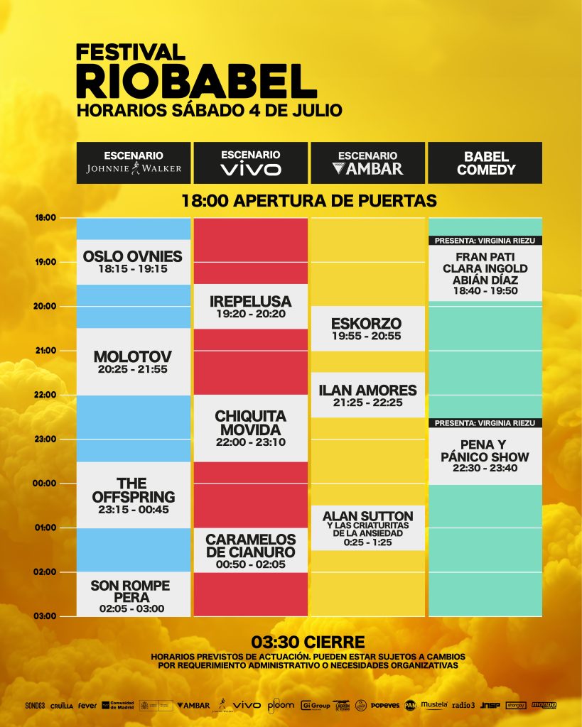 Horarios oficiales del sábado 4 de julio en Río Babel 2026