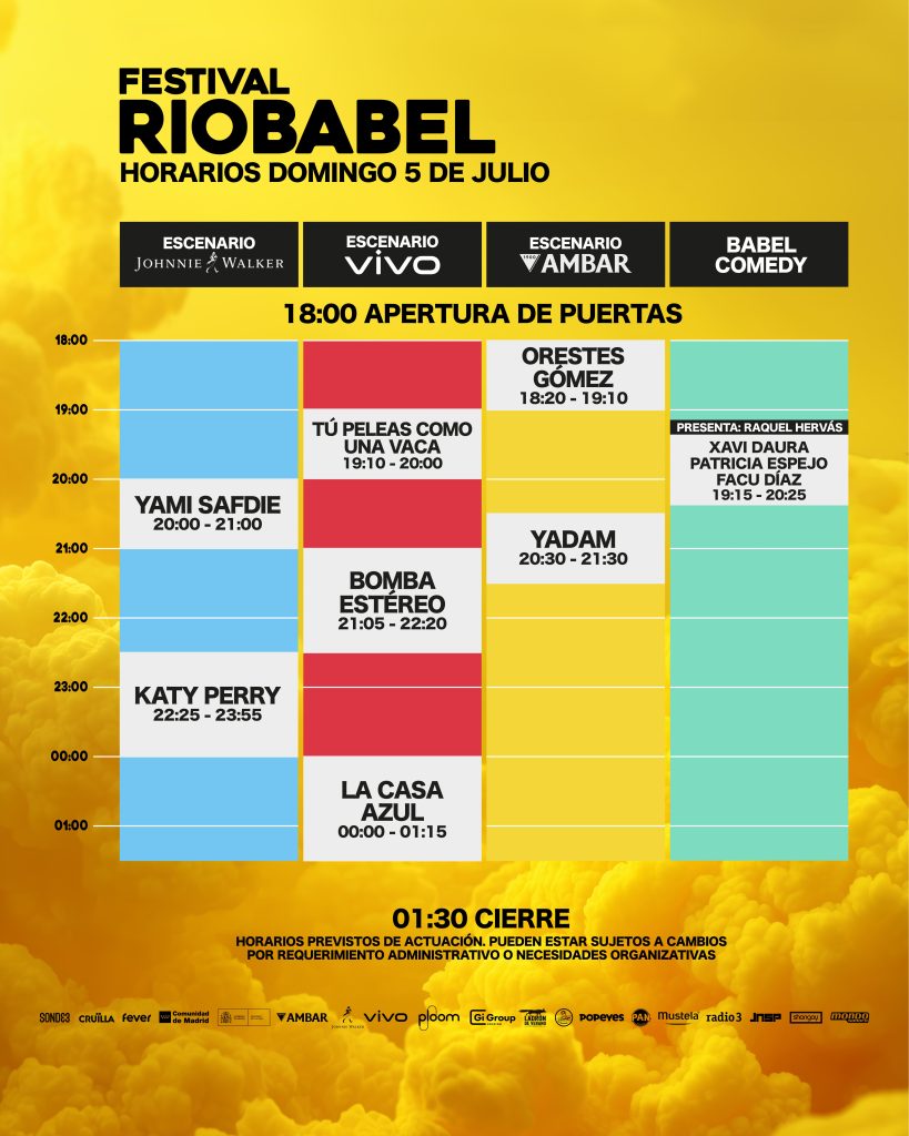 Horarios oficiales del domingo 5 de julio en Río Babel 2026
