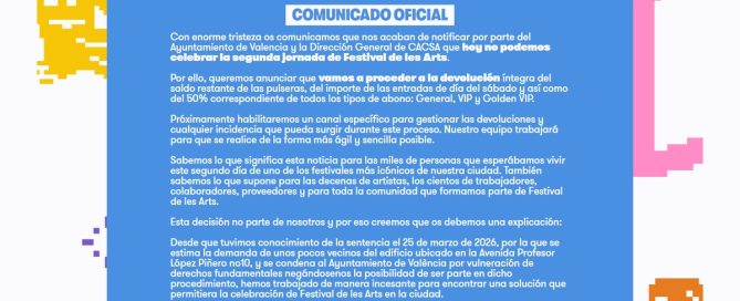 Captura del comunicado oficial de Festival de Les Arts 2026 sobre la cancelacion de la segunda jornada