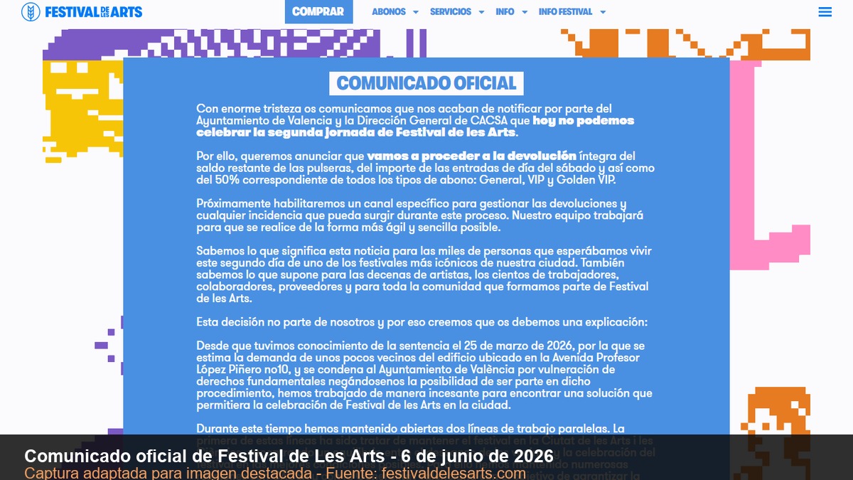 Captura del comunicado oficial de Festival de Les Arts 2026 sobre la cancelacion de la segunda jornada