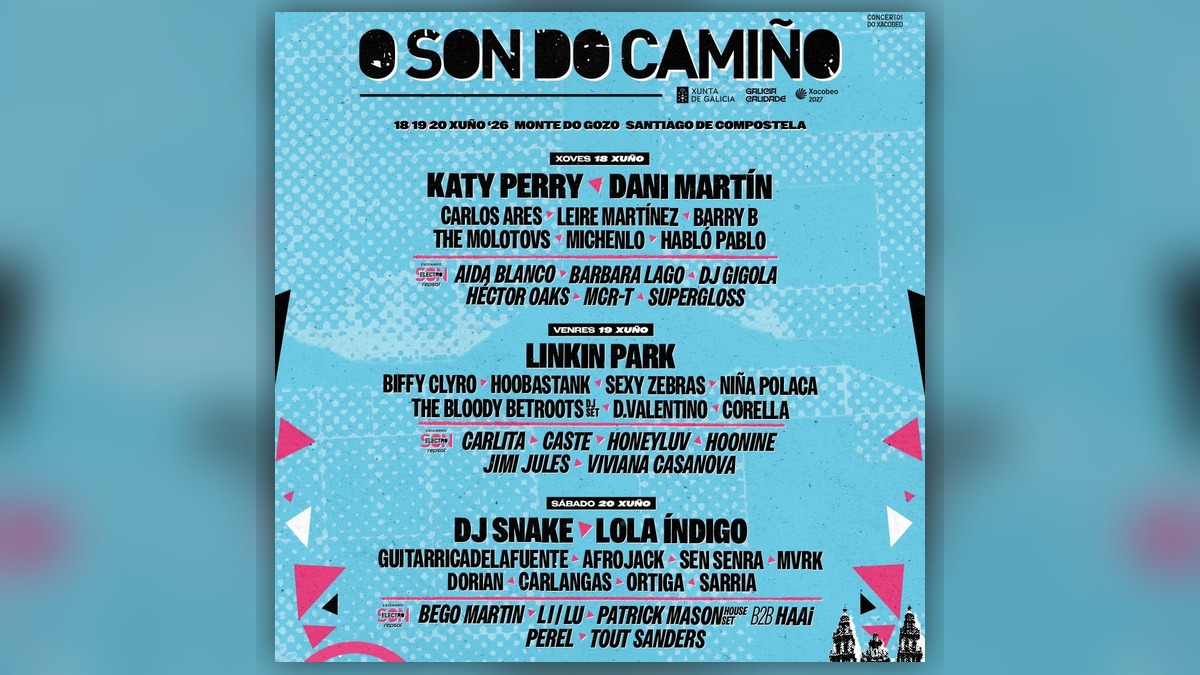 Cartel oficial por días de O Son do Camiño 2026 con Katy Perry, Linkin Park, Lola Índigo y Son Electro