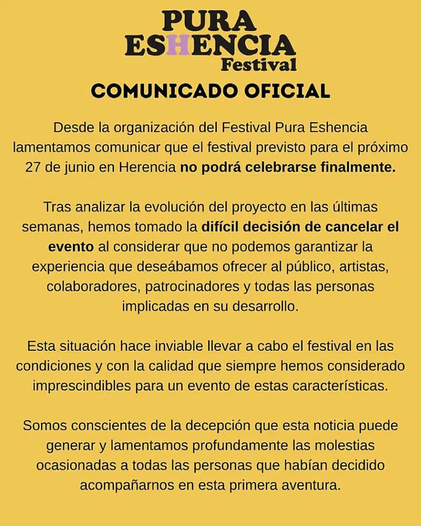 Comunicado oficial de cancelación de Pura Eshencia Festival 2026
