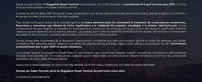Comunicado oficial de Reggaeton Beach Festival 2026