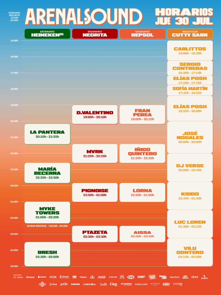 Horarios de Arenal Sound 2026 para el jueves 30 de julio