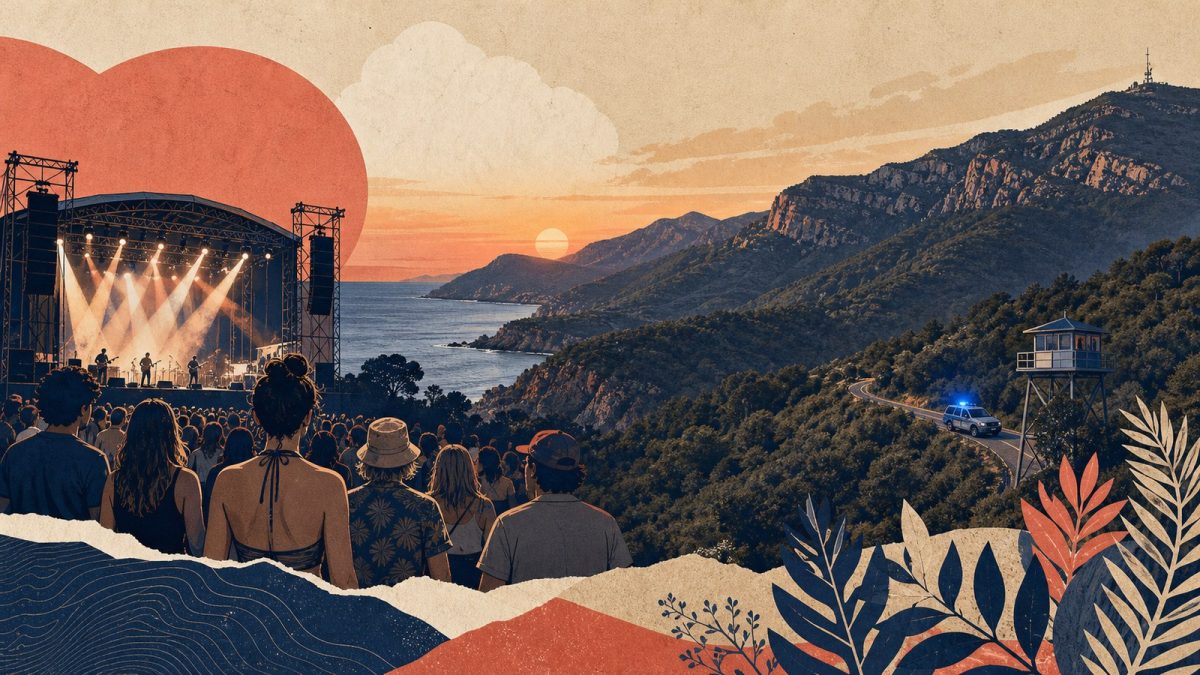 Ilustración editorial sobre Arenal Sound y el dispositivo ante el incendio de la Vall d’Uixó