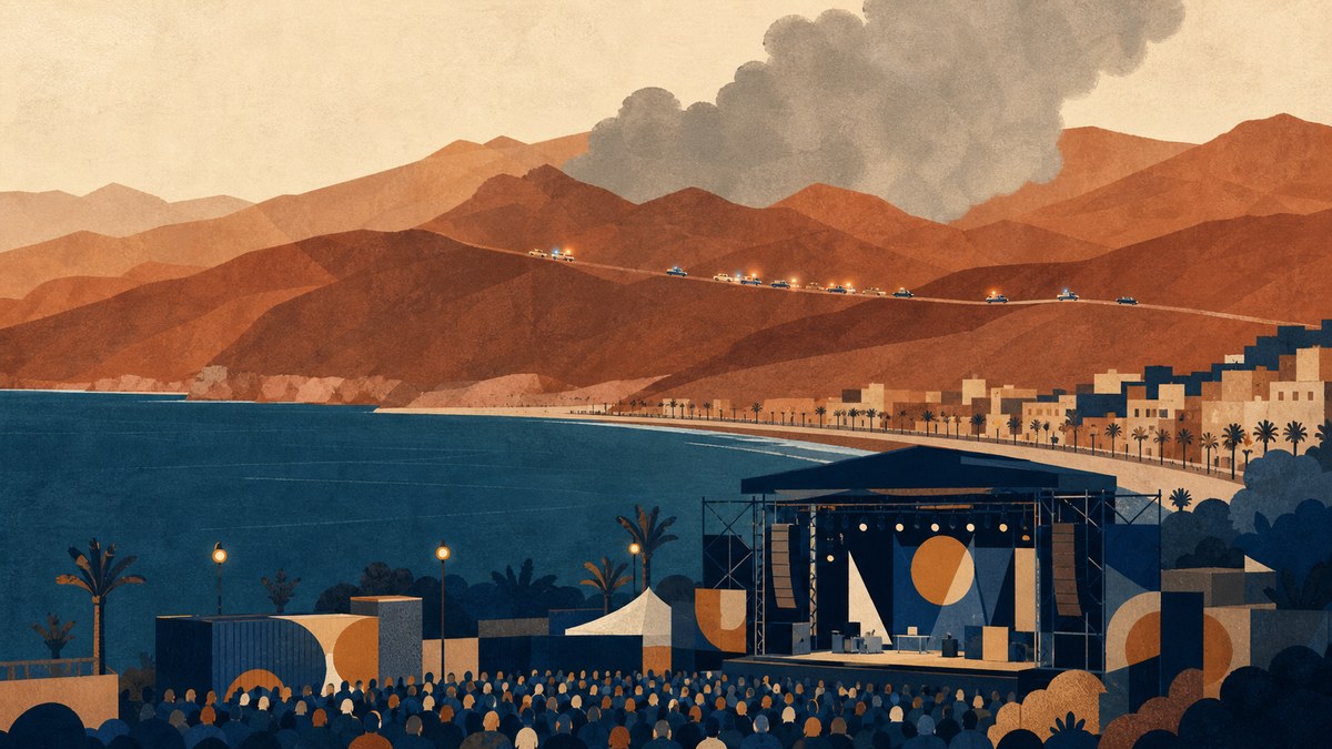 Ilustración editorial sobre Arenal Sound y el incendio de la Vall d’Uixó