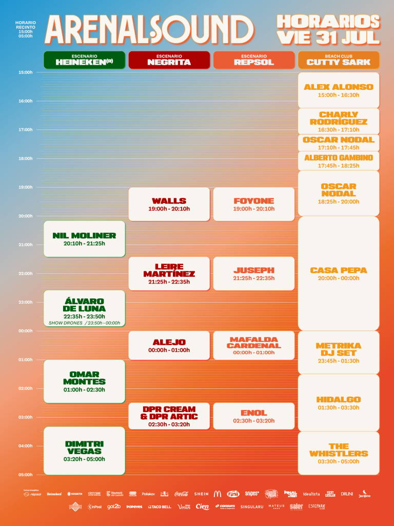 Horarios de Arenal Sound 2026 para el viernes 31 de julio