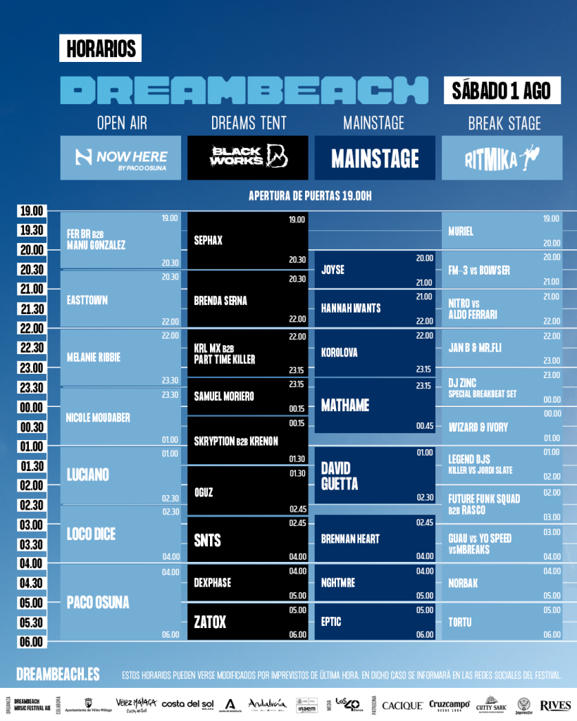 Horarios de Dreambeach 2026 para el sábado 1 de agosto por escenarios