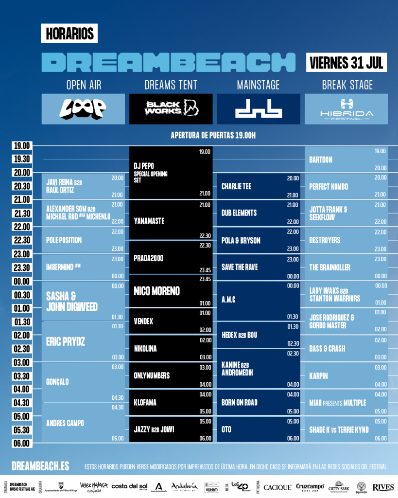 Horarios de Dreambeach 2026 para el viernes 31 de julio por escenarios