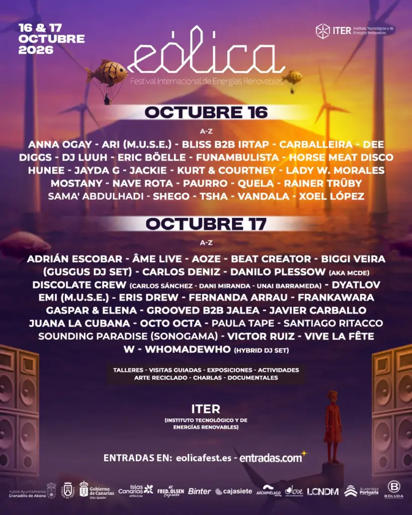 Cartel completo de Eólica 2026 con artistas por días